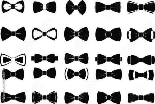 a collection of various black and white bow tie illustrations displayed in a grid arrangement offering diverse shapes and styles