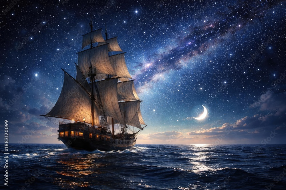 Obraz premium sailing vessel navigating through a bright starry evening