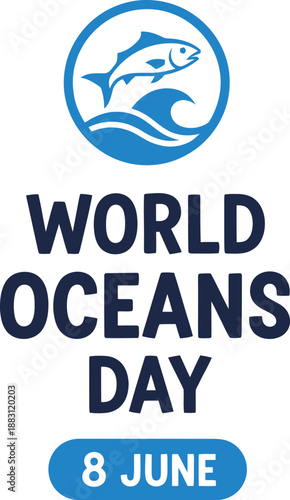 A vibrant illustration showcases the world oceans day logo with a leaping fish waves and text promoting the annual event on june eighth