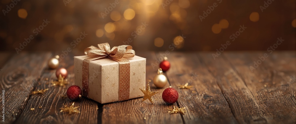 Fototapeta premium Christmas Scene with present box and holiday decorations on wooden surface