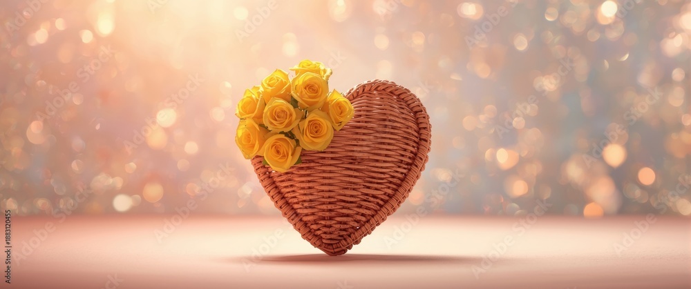 Obraz premium Valentines Day: Wicker heart featuring yellow roses