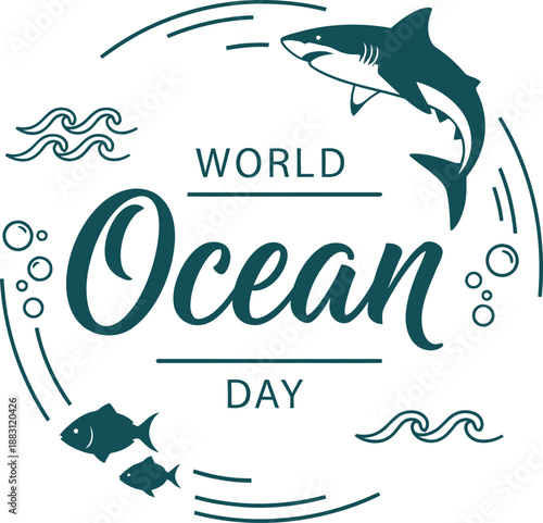 A vibrant teal background features a circular emblem celebrating world ocean day depicting a shark fish and waves high quality professional