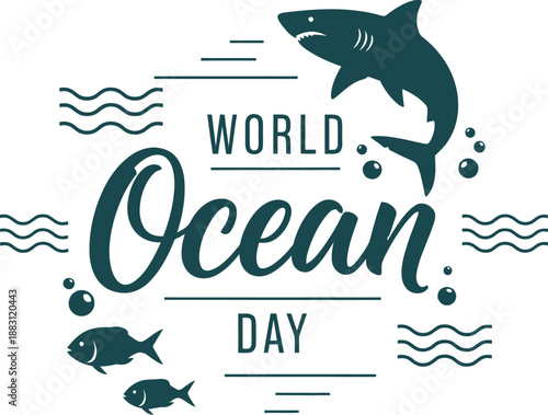 A captivating illustration promotes global ocean day awareness with a shark fish and stylized waves in teal hues high quality professional