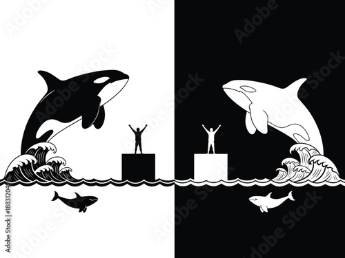 a striking black and white illustration depicts orcas waves and figures raising their arms on platforms creating a balanced yet contrasting scene