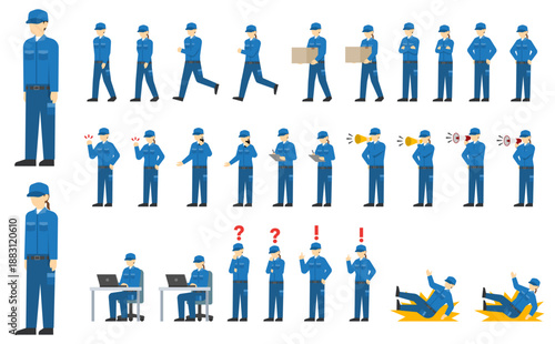 フラットイラスト：青い作業着とキャップを着た作業員セット