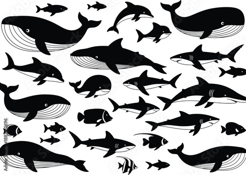 A collection of various marine life silhouettes including whales dolphins and sharks depicted in a minimalist black and white style showcasing ocean biodiversity