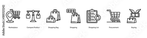 Buying Process web banner vector illustration featuring Marketplace, Compare Product, Shopping Bag, Shopping, Shopping List, Procurement, and Buying.