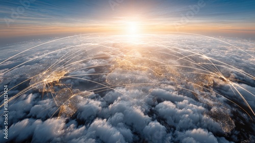 Abstract illustration of global network over clouds with bright sun
