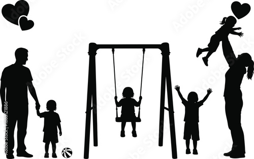 a silhouette of a family enjoying a day at the park with a swing set and balloons high quality professional detailed