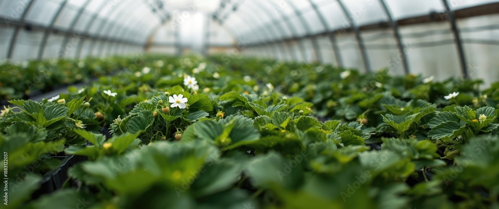 Fototapeta premium White-flowered strawberry plants blooming under tunnel dome greenhouse