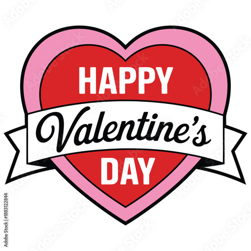 happy valentines day heart badge typography design with ribbon banner for romantic greeting card poster sticker and love celebration