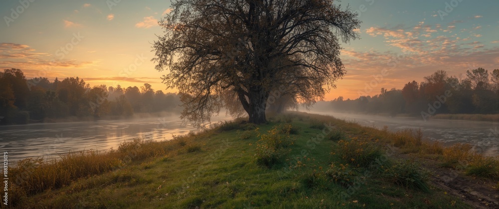 Fototapeta premium Sunrise autumn landscape at the riverbank in a grove, showcasing water, sky, trees, grass, and forest, vintage calendar background
