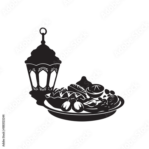 Traditional Islamic Lantern and Tray of Dates for Ramadan Kareem Celebration Silhouette.