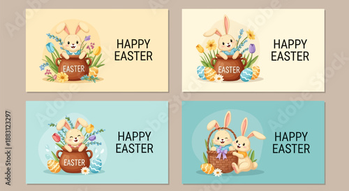Easter bunny cards with flowers and eggs on colorful backgrounds for holiday greetings