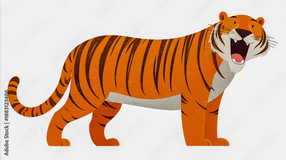 Obraz premium A cute cartoon tiger, simple drawing style, vector illustration with white background, full body shot, side view, simple lines, cute and lively. (1)