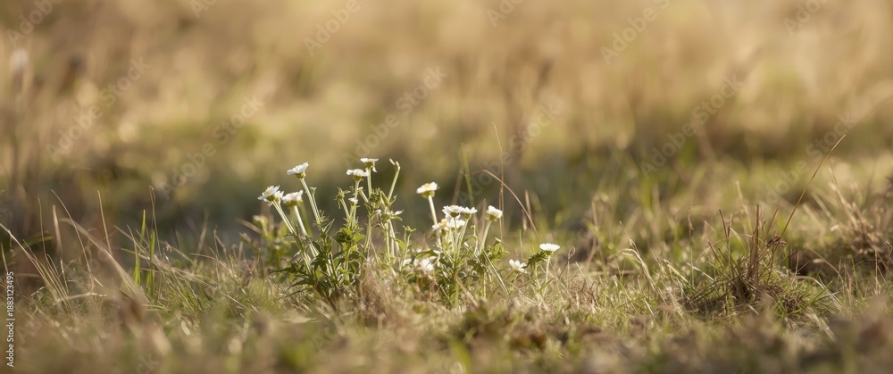 Fototapeta premium Fresh green sprouts and small wild flowers in the dried grass