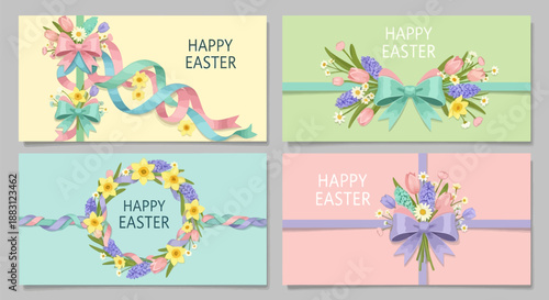 Easter greeting cards with floral designs and ribbons in pastel colors