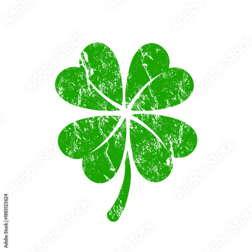 Four leaf clover with grunge texture, lucky charm and Saint Patrick's Day symbol. Vector illustration