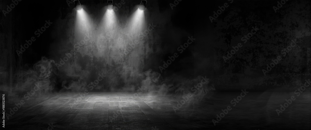 Obraz premium Dark gray studio interior featuring smoke, smog, neon lighting, spotlights, concrete floor, and abstract wall background for product display