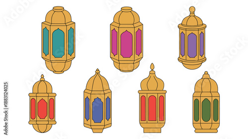 Traditional golden arabic lantern vector set featuring colorful glowing glass, ideal for ramadan kareem, eid al fitr, eid al adha, islamic celebrations, cultural decorations
