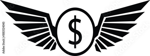 Black Flying Dollar Coin Vector Illustration with Wings Isolated on White Background for Finance Money Wealth Investment and Business Growth Graphics