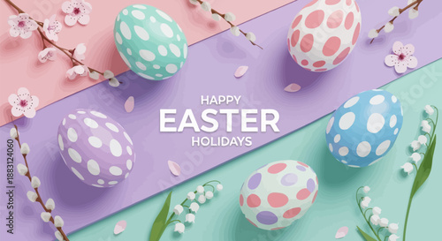 Colorful easter eggs with polka dots on pastel background with flowers and happy easter holidays text