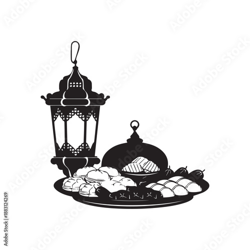 Traditional Islamic Lantern and Tray of Dates for Ramadan Kareem Celebration Silhouette.