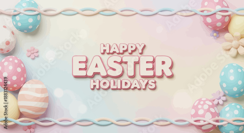 Easter eggs in pastel colors with happy easter holidays text on a festive background