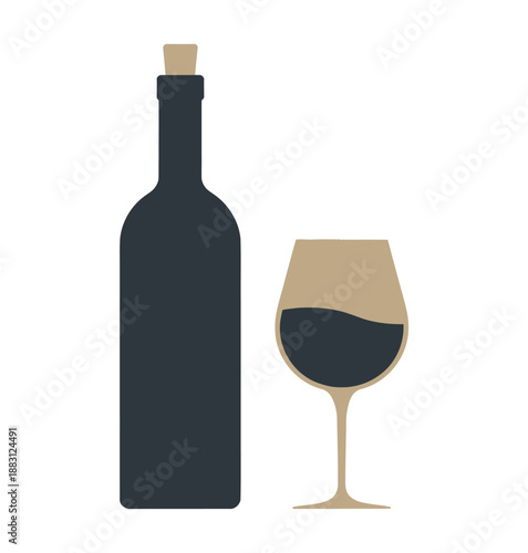 A bottle of wine and a glass of red wine on a white background