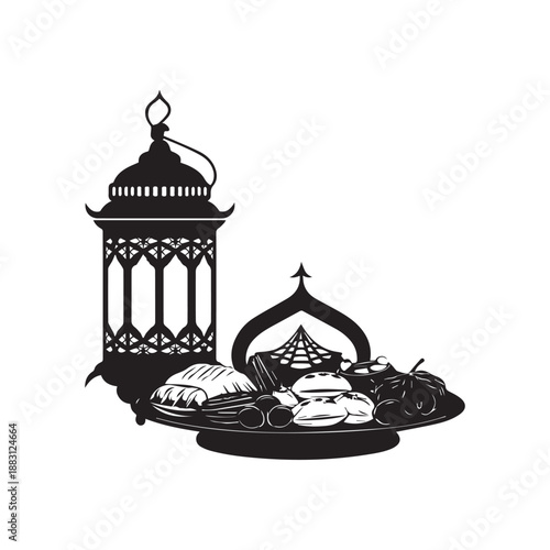 Traditional Islamic Lantern and Tray of Dates for Ramadan Kareem Celebration Silhouette.
