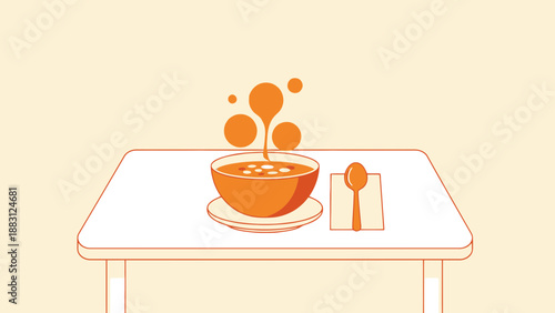 Minimalist Illustration of Warm Soup Served on a Table with a Spoon and Steam