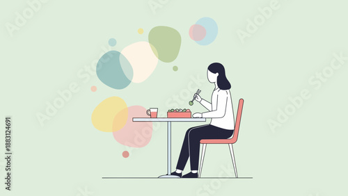 Minimalist Illustration Of A Woman Enjoying A Meal At A Simple Table