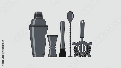 Minimalist Illustration of Cocktail Tools: Shaker, Jigger, Muddler, Bar Spoon, Strainer