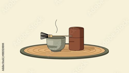 Minimalist Japanese Matcha Tea Ceremony Illustration Showing Traditional Tools and Elements