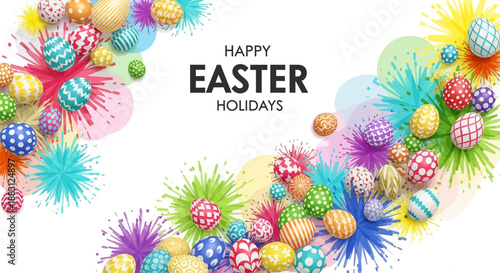 Colorful easter eggs and flowers on white background with happy easter holidays text