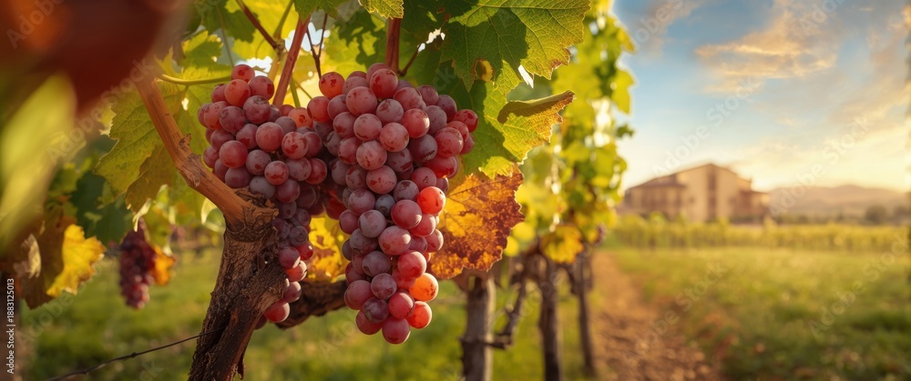 Naklejka premium Vineyard with red grapes prepared for harvesting