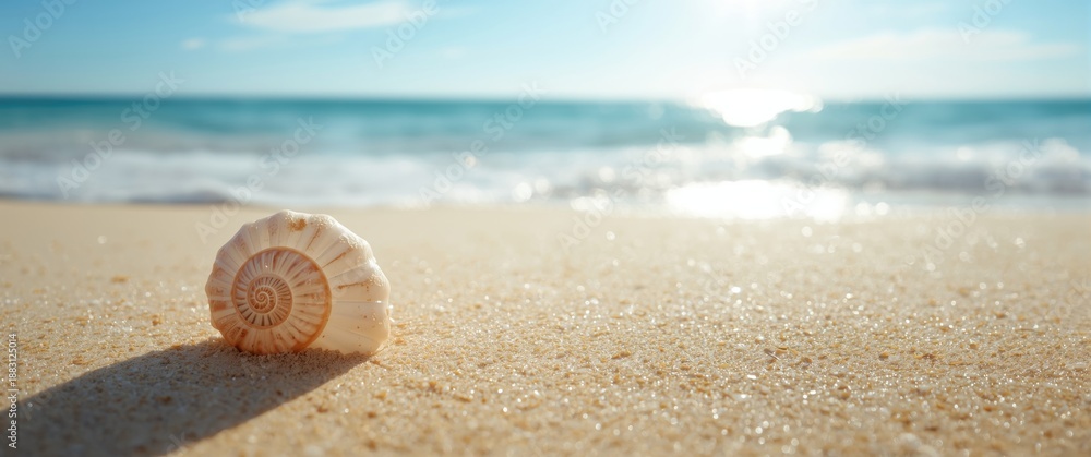Fototapeta premium Beach Scene Featuring a Spiral Sea Shell on the Sand under a Sunny Sky, Pattern, Texture, Design, Water, Summer, Travel, Frame