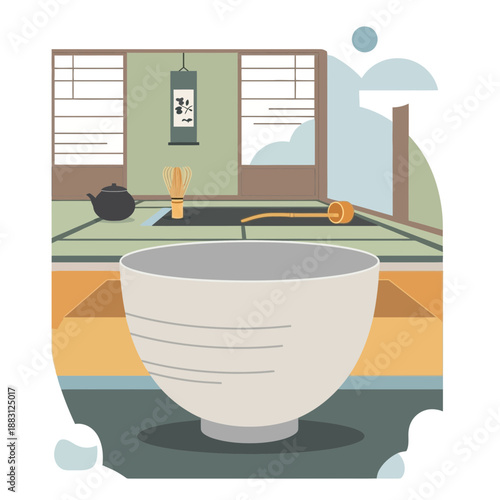 Minimalist Illustration of Japanese Tea Ceremony in Traditional Room Setting with Tea Utensils