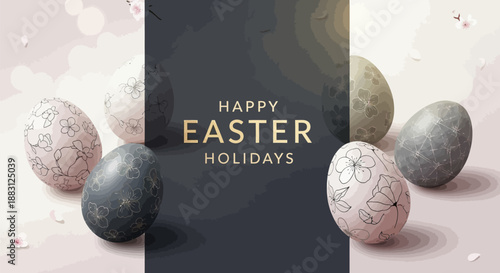 Easter eggs in pastel colors with happy easter holidays text on a dark background