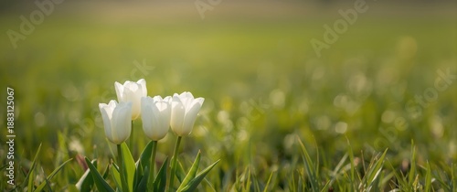 Spring tulip festival featuring white tulip arrangement and blurred background, Dutch landscape with natural flower setting