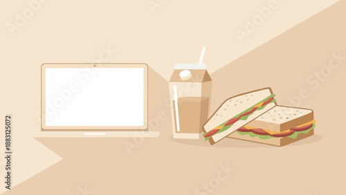 Minimalist Illustration of Laptop, Drink, and Sandwiches, Work and Food Concepts