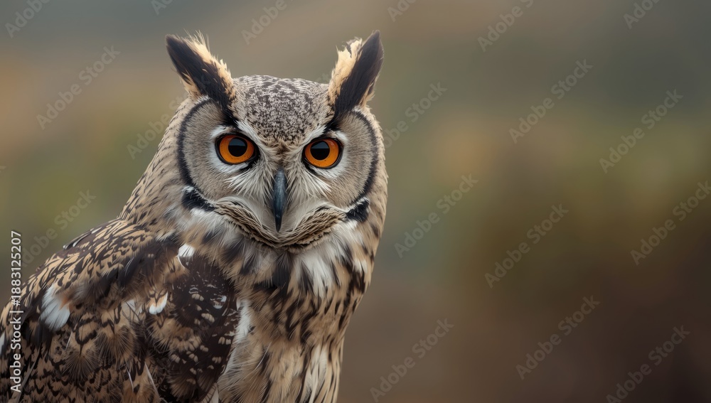 Fototapeta premium Indian eagle-owl with vivid orange eye edges captured in detailed close-up, showcasing nocturnal hunting adaptations, International Owl Awareness Day
