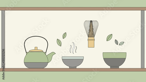 Minimalist Japanese Tea Ceremony Illustration Featuring Tea Pot, Whisk, Cups And Leaves