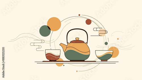 Minimalist Japanese Tea Ceremony Illustration Featuring Teapot and Cups, Aesthetic Design