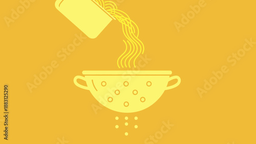 Minimalist Illustration of Pasta Draining into a Colander on a Golden Yellow Backdrop