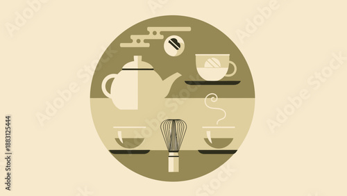 Minimalist Japanese Tea Ceremony Illustration Featuring Teapot, Cups, and Whisk