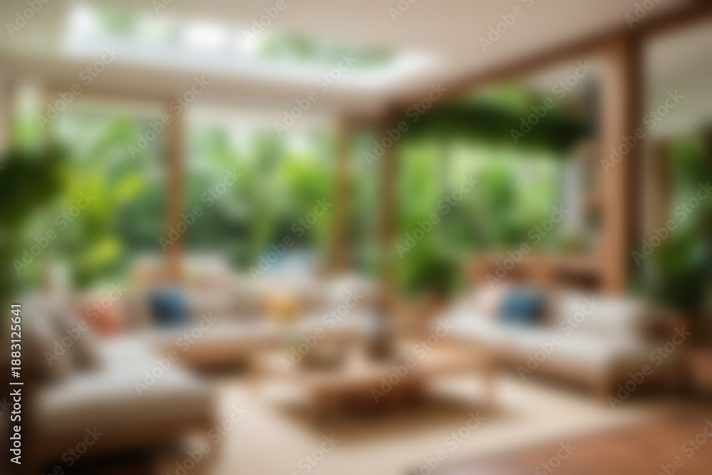 Fototapeta premium Blurred background of Full color realistic modern tropical living room with lush greenery, open layout, natural wood materials, villa-style interior, daytime, bright diffused daylight.