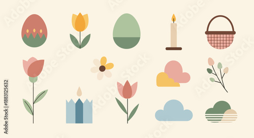 Easter spring icons set with flowers eggs basket candle and clouds on beige background
