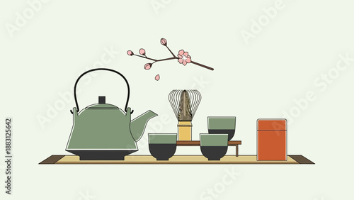Minimalist Japanese Tea Ceremony Illustration Showing Tranquility, Balance, And Tradition