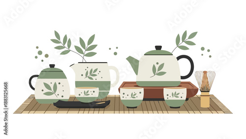 Minimalist Japanese Tea Ceremony Illustration With Teapot And Matcha Tools